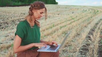 vrouw agronoom gebruik makend van laptop terwijl onderzoeken veld- video