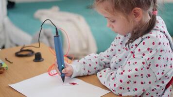 Cute girl creating plastic 3D model drawing on paper at home video