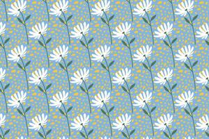 White flowers with yellow polka dots, summer cute print. vector