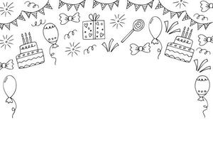 Hand drawn frame for birthday, party, balloons and cakes. Doodle illustration for the holiday. vector