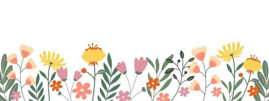 Flowers and leaves, cute horizontal background. Floral spring background with place for text. vector