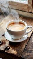Steaming Coffee on Wooden Table photo