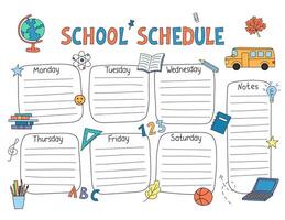 School Schedule template printable US Letter size . Weekly class timetable, lesson planner students, kids daily routine chart. Funny doodle hand drawn outline design with educational elements vector
