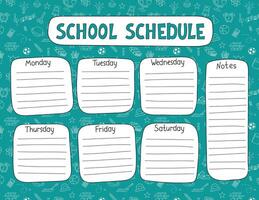 School Schedule template printable US Letter size. Weekly class timetable, lesson planner students, kids daily routine chart. Funny doodle hand drawn outline design with educational elements vector