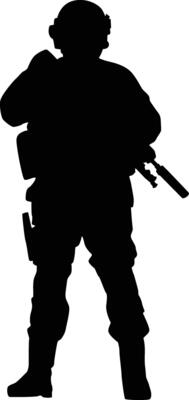 Silhouette of full armor soldier. Military men wearing uniform illustration. Army pose using riffle weapon