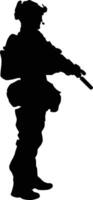 Silhouette of full armor soldier. Military men wearing uniform illustration. Army pose using riffle weapon vector