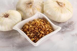 Dried roasted onion flakes for culinary photo