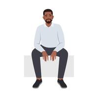 Young lonely black man sitting on a bench. Young depressed male character. vector