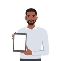 Young black man showing or holding blank screen of digital tablet computer in hands. vector