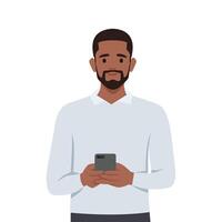 Young bearded black man using mobile phone. vector