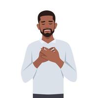 Young black man touched positive. Holds his hands on his chest, expressing gratitude. vector