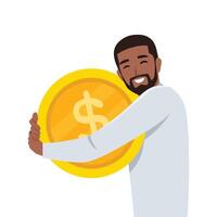 Young happy man standing alone and hugging heavy golden coin. vector