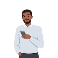 joven negro hombre utilizando móvil teléfono. vector