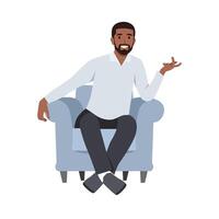 Young man sitting on the couch talking to someone making hand gestures. vector