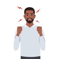 Young man angry and raised fist and shout or screaming expression. Man expresses negative emotions and feelings. vector