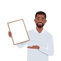 Young black man holding or showing a blank clipboard. vector