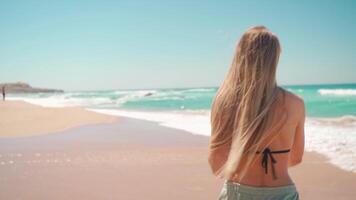 un mujer con largo pelo caminando a lo largo el playa video