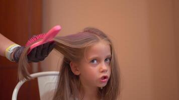 mère s'applique rose cheveux vaporisateur en utilisant brosse à cheveux à sa fille video