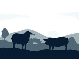 Flat Illustration of Sheep and Pig in Farm Live. Silhouette vector