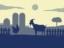 plano ilustración de pollo y cabra en granja vivir. vector