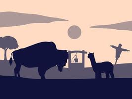 plano ilustración de bisonte y alpaca en granja vivir. vector