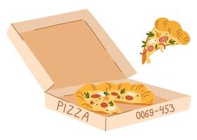 Pizza en cartulina caja. caliente italiano rápido comida y rebanada con derritiendo queso. abierto caja de cartón entrega paquete con para llevar rápido comida piezas. plano ilustración aislado en blanco antecedentes vector