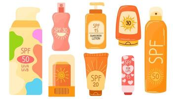 Sunscreen products set isolated. SPF protection and sun safety concept. SPF summer products lotion, cream, spray. vector