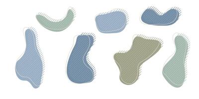 Collection of organic irregular blob shape with decorative stripes and stroke line. Gray blue random deform circle spot. Isolated white background Organic amoeba Doodle elements illustration. vector