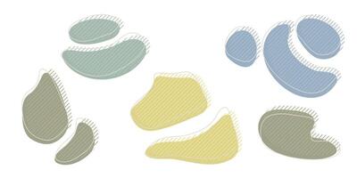 Collection of organic irregular blob shape with decorative stripes and stroke line. Gray blue random deform circle spot. Isolated white background Organic amoeba Doodle elements illustration. vector
