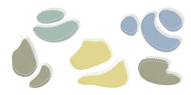 Collection of organic irregular blob shape with decorative stripes and stroke line. Gray blue random deform circle spot. Isolated white background Organic amoeba Doodle elements illustration.