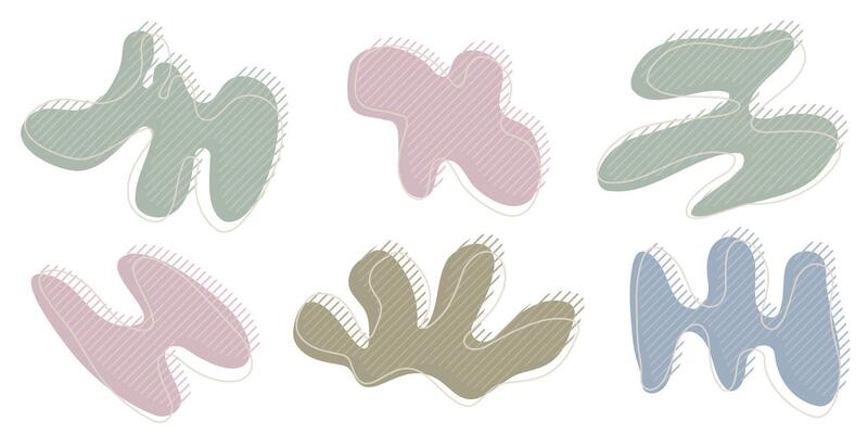 Collection of organic irregular blob shape with decorative stripes and stroke line. Yellow blue random deform circle spot. Isolated white background Organic amoeba Doodle elements illustration.