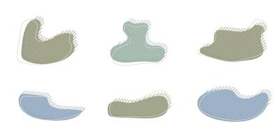 Collection of organic irregular blob shape with decorative stripes and stroke line. Gray blue random deform circle spot. Isolated white background Organic amoeba Doodle elements illustration. vector