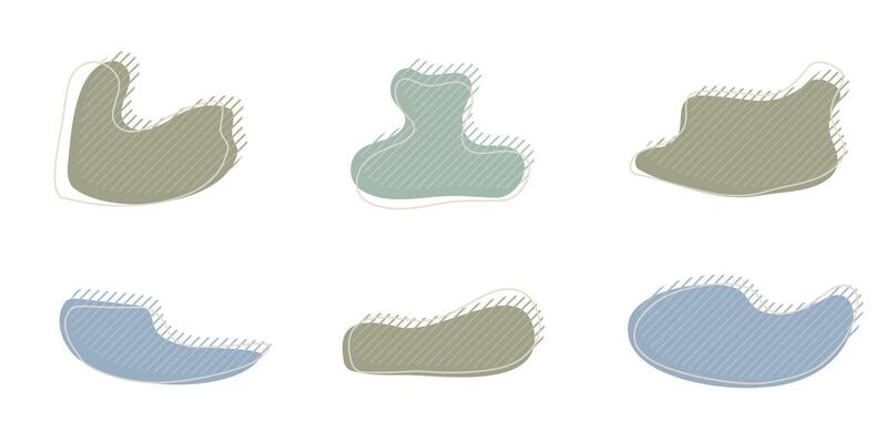 Collection of organic irregular blob shape with decorative stripes and stroke line. Gray blue random deform circle spot. Isolated white background Organic amoeba Doodle elements illustration.