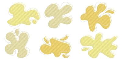 Collection of organic irregular blob shapes with decorative stripes and stroke line. Yellow random deform circle spot. Isolated white background Organic amoeba Doodle elements illustration. vector