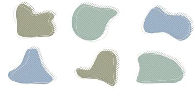 Collection of organic irregular blob shape with decorative stripes and stroke line. Gray blue random deform circle spot. Isolated white background Organic amoeba Doodle elements illustration. vector