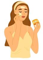 Woman applying sunscreen product. SPF protection and sun safety concept Skin care banner. illustration vector