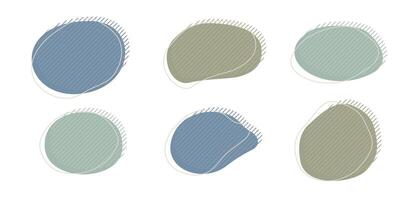 Collection of organic irregular blob shape with decorative stripes and stroke line. Gray blue random deform circle spot. Isolated white background Organic amoeba Doodle elements illustration. vector