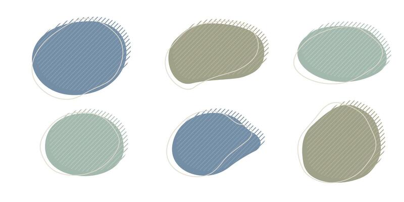 Collection of organic irregular blob shape with decorative stripes and stroke line. Gray blue random deform circle spot. Isolated white background Organic amoeba Doodle elements illustration.