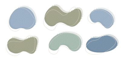 Collection of organic irregular blob shape with decorative stripes and stroke line. Gray blue random deform circle spot. Isolated white background Organic amoeba Doodle elements illustration. vector