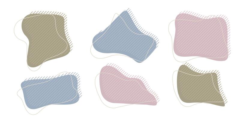 Collection of organic irregular blob shape with decorative stripes and stroke line. Yellow blue random deform circle spot. Isolated white background Organic amoeba Doodle elements illustration.