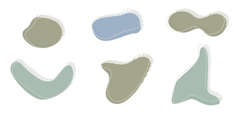 Collection of organic irregular blob shape with decorative stripes and stroke line. Gray blue random deform circle spot. Isolated white background Organic amoeba Doodle elements illustration.