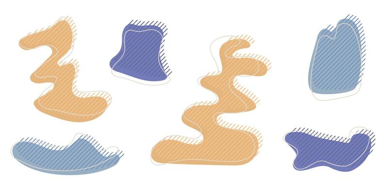Collection of organic irregular blob shape with decorative stripes and stroke line. Yellow blue random deform circle spot. Isolated white background Organic amoeba Doodle elements illustration.