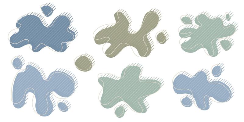 Collection of organic irregular blob shape with decorative stripes and stroke line. Yellow blue random deform circle spot. Isolated white background Organic amoeba Doodle elements illustration.