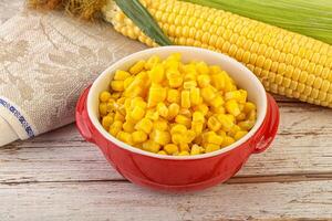 Canned yellow corn in the bowl photo