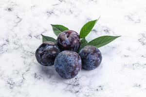 Raw purple plums heap with leaves photo