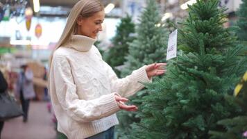 een vrouw is op zoek Bij een Kerstmis boom in een op te slaan video