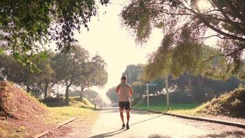 een Mens is rennen Aan een pad in de park video