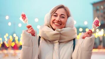 a woman in a white coat holding lollipops video