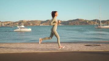 Young adult fitness woman jogging by embankment area coastal city in beautiful sunny day. video