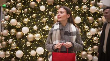 feliz jovem casal dentro na moda roupas falando enquanto caminhando em trilha em Natal noite. video